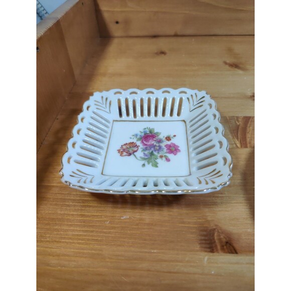 Wales China Japan Floral Reticulated Hand Painted Sq. Dish 4.75" Trinket Candy - Picture 1 of 10